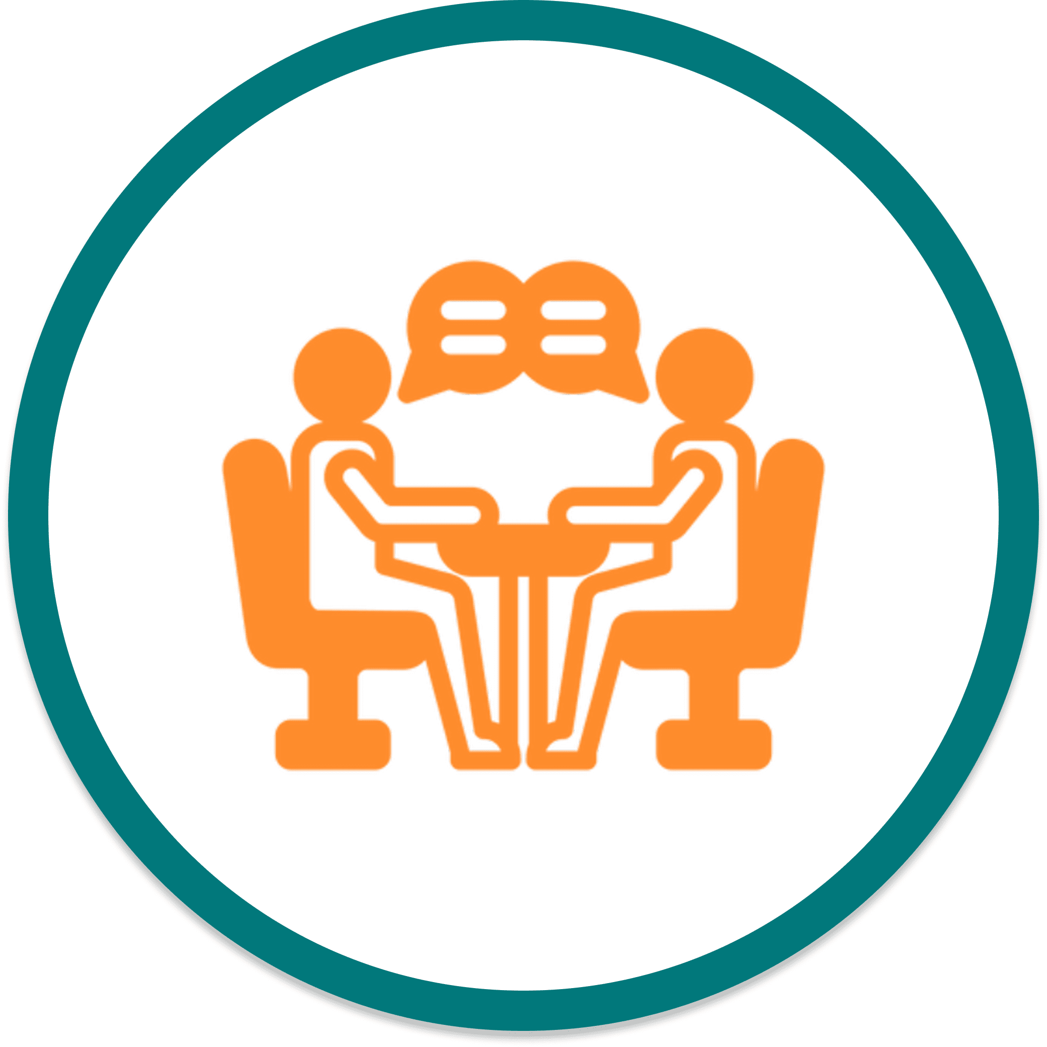 Two figures talking at a table.