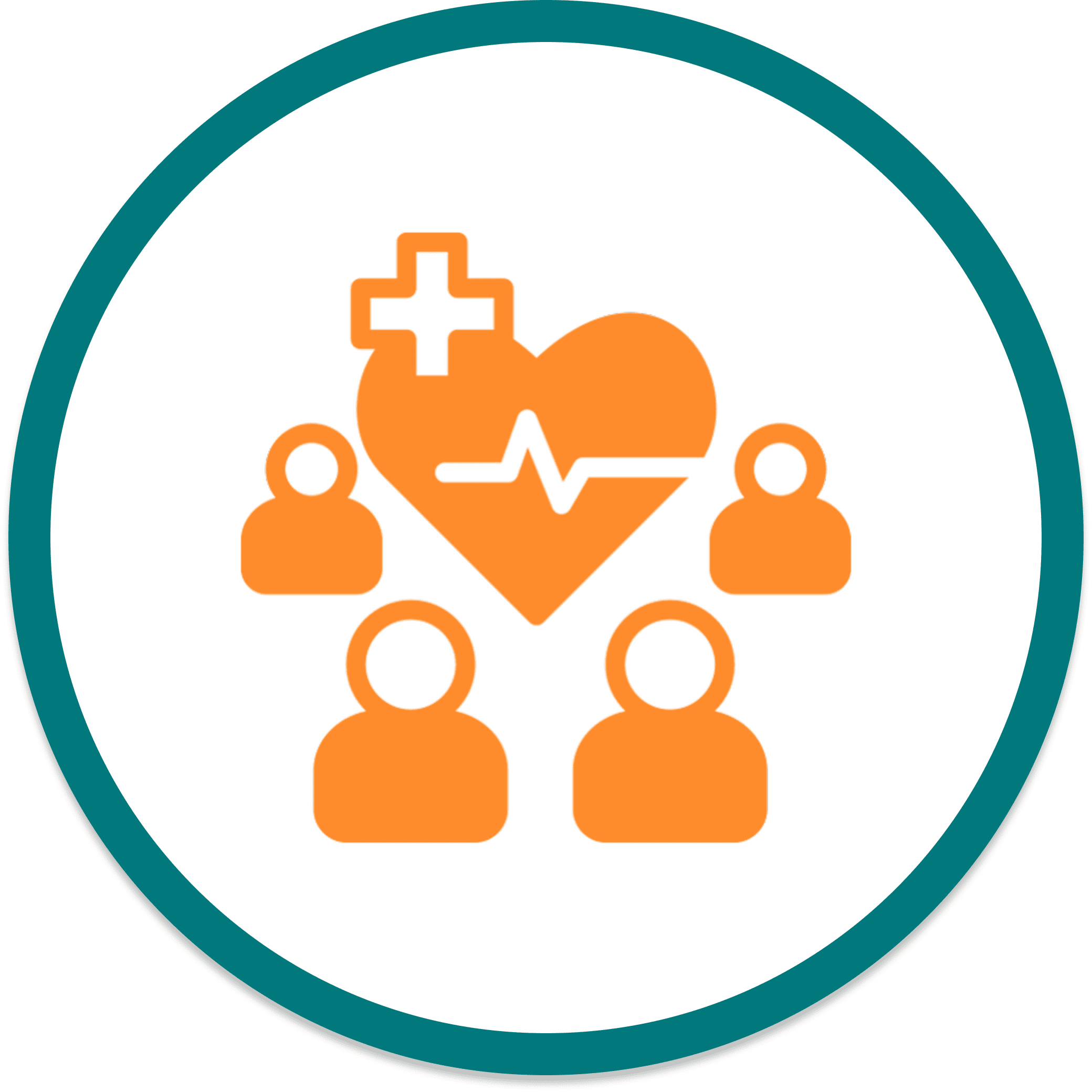 Healthcare icon with heart and people figures.