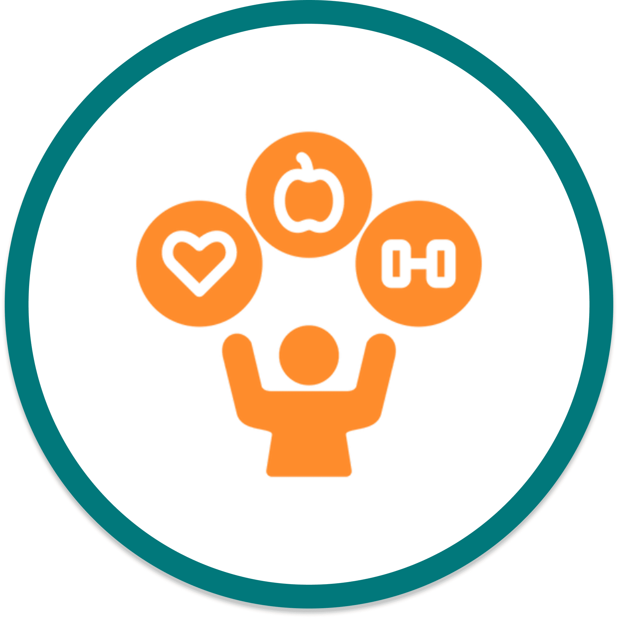 Person balancing heart, apple, dumbbell icons.