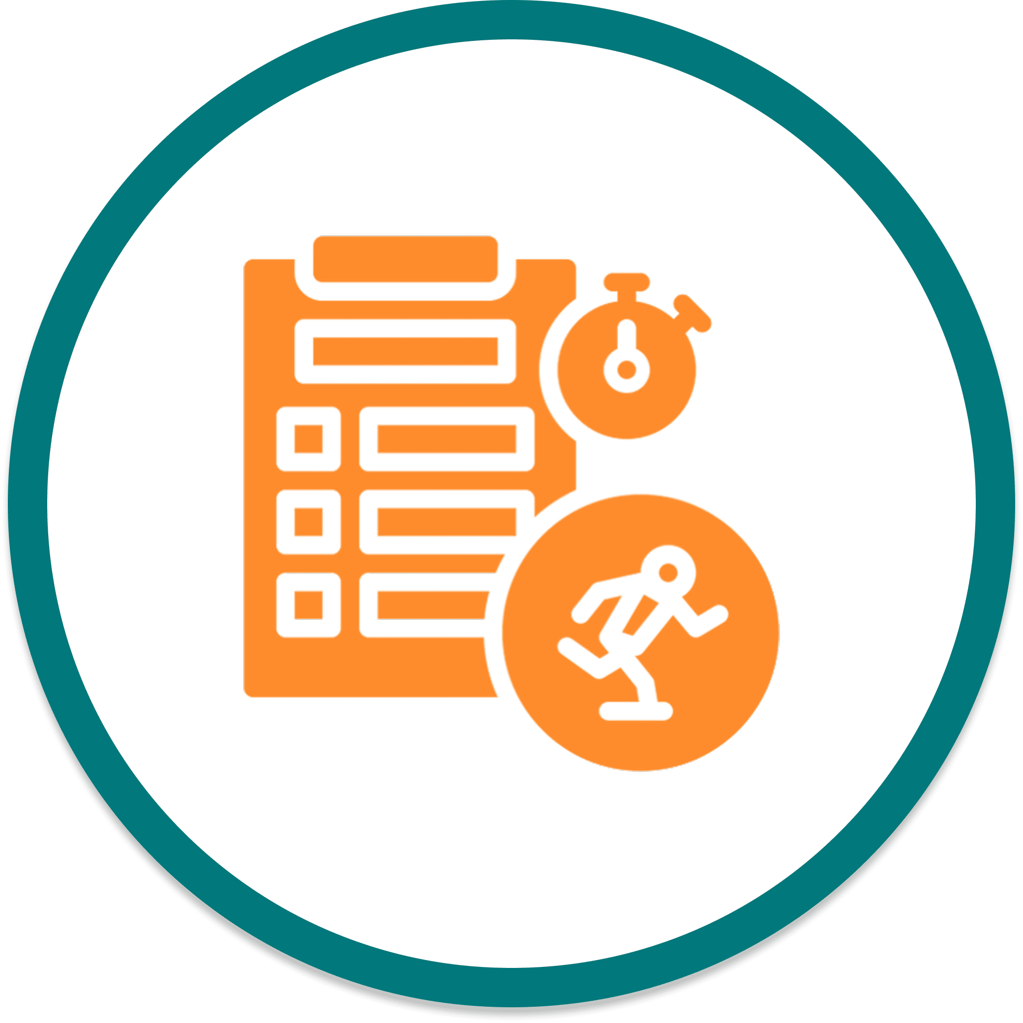 Clipboard, stopwatch, and running icon in circle.